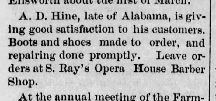 The Weekly Democrat 07 Feb 1879 pg 3 AD Hine late of Alabama giving satisfaction to customers
