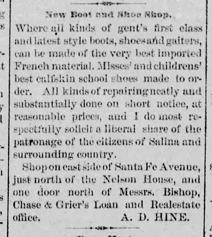 The Weekly Democrat (Salina KS) 11 Apr 1879 pg 3 new boot and shoe shop AD Hine