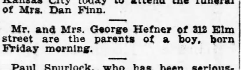 Birth announcement of Peter Paul Hefner, son of George Hefner (Save to FTM)