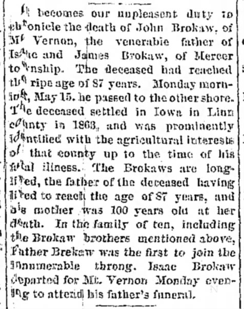 Death of John Brokaw of Mount Vernon, Iowa, 15 May 1893