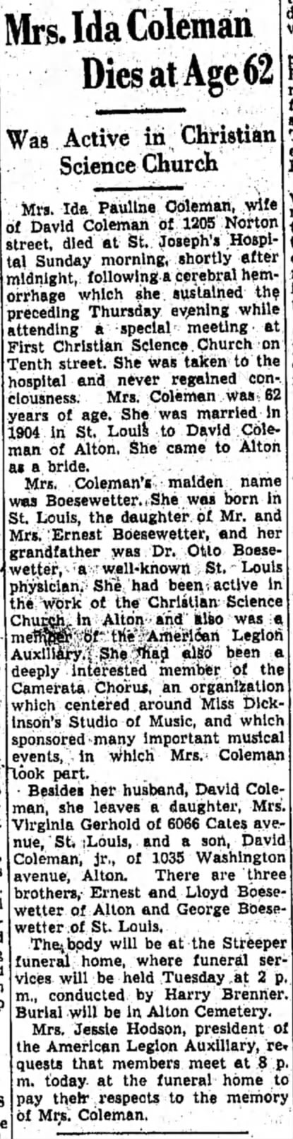 Ida Boesewetter - Coleman dies May 12, 1946