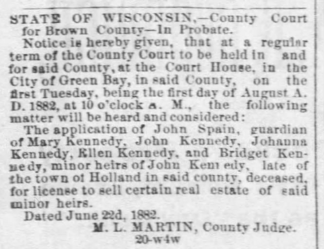 PROBATE:  John Spain (and Kennedy family) Town of Holland (Sheb. Co.)