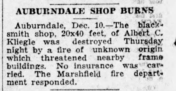 KLIEGLE:  Auburndale Shop Burns (Wausau Daily Herald, 1932)