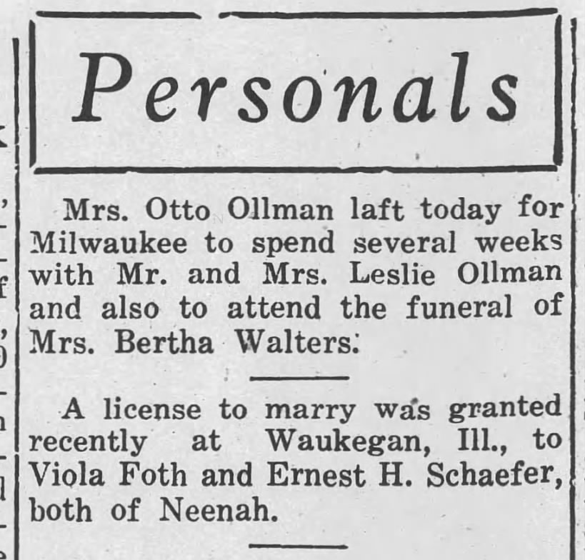 PERSONALS:  married, Ernest H. Schaefer and Viola Foth (at Waukegan)
