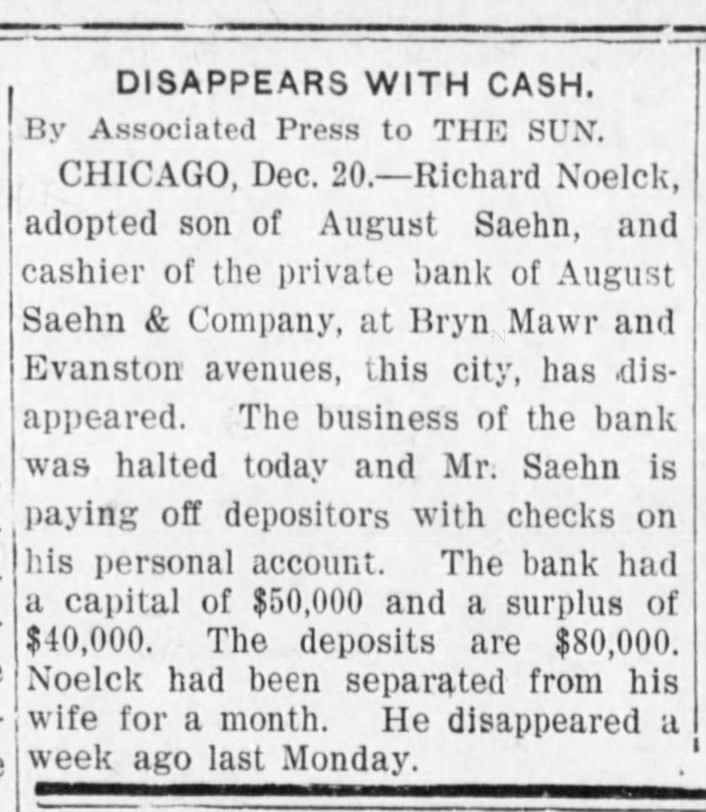 NOELCK:  DIsappears with Cash (Chicago, 1907)