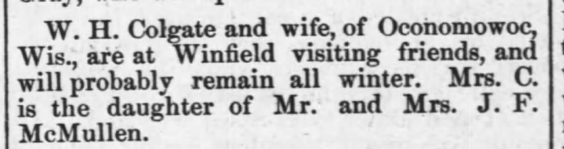 "Mrs. C." (Colgates from Oconomowoc, WI, visit family in WINFIELD, KS.-M/M J.F. McMullen