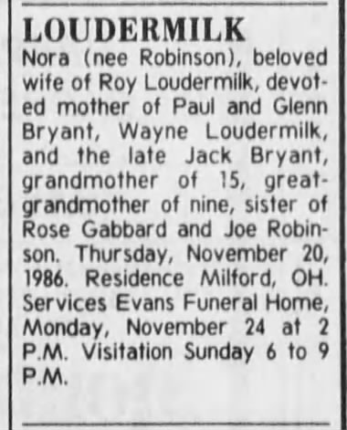 Nora Robinson Loudermilk Obit 22 Nov 1986 The Cincinnati Enquirer
