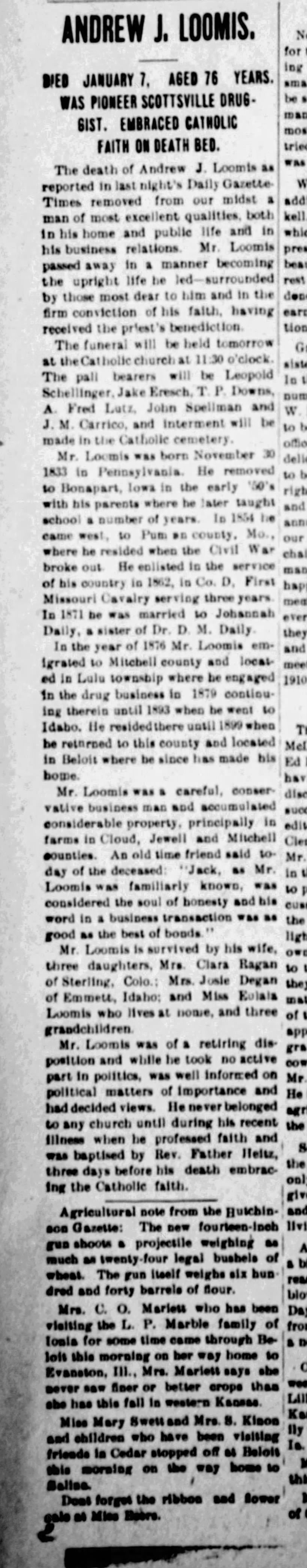 Andrew J. Loomis obit 
08 Jan 1910  Beloit Daily Gazette-Times
Beloit, KS 