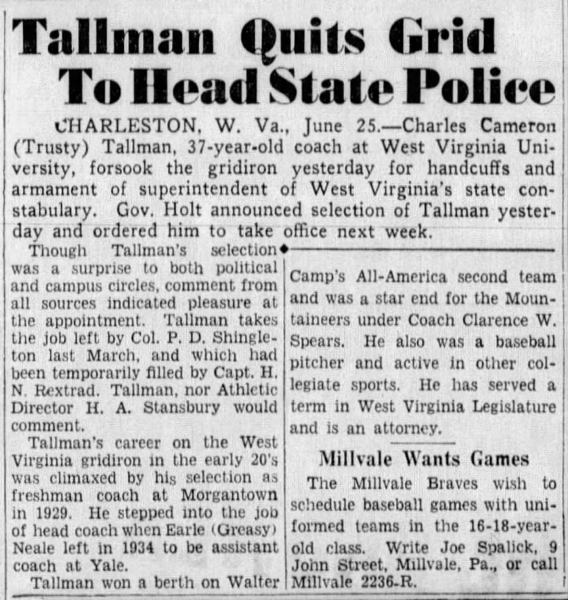 Tallman Quits Grid To Head State Police