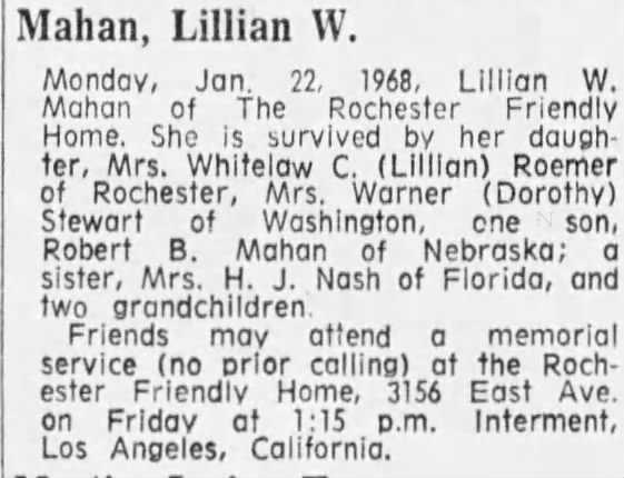 Great Grandmother Lillian Mahan
Death Notice
D@C January 24 1968