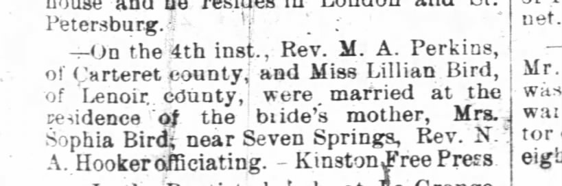Lillian A. Byrd (Bird) marriage to Rev. M.A. Perkins