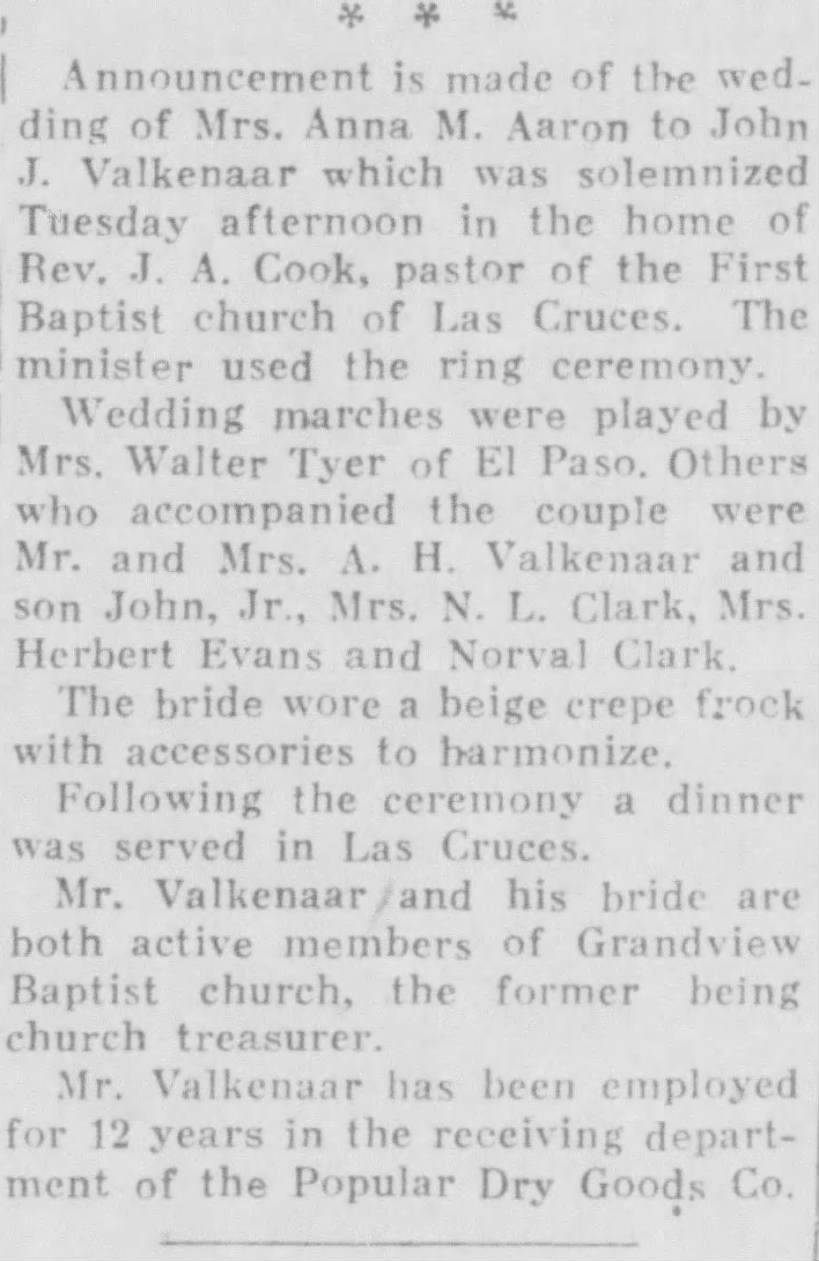 El Paso Herald, 18 Sep 1929
John J Valkenaar wedding
