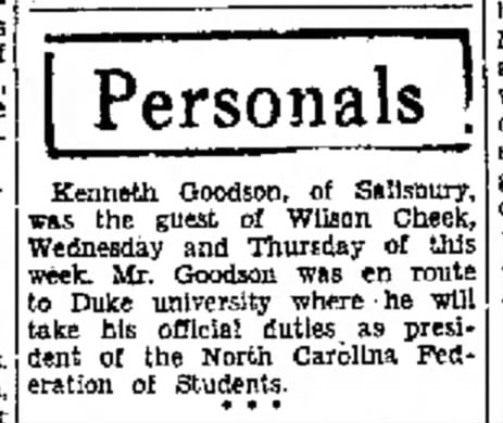 W. Kenneth Goodson - 1 Sep 1934 - Burlington, NC - Local Personals