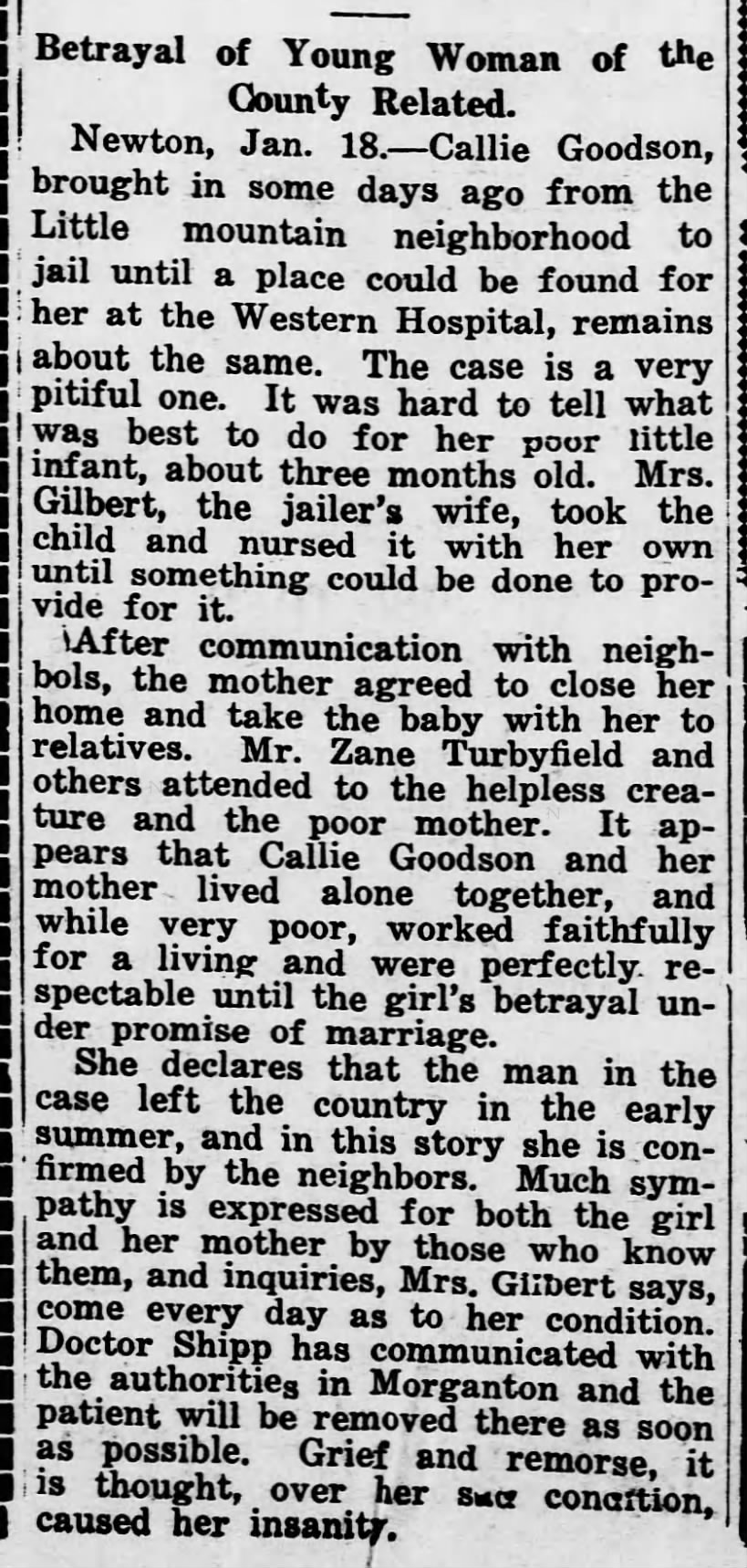 Goodson, Callie - detailed story in the Hickory Daily Record - 18 Jan 1916