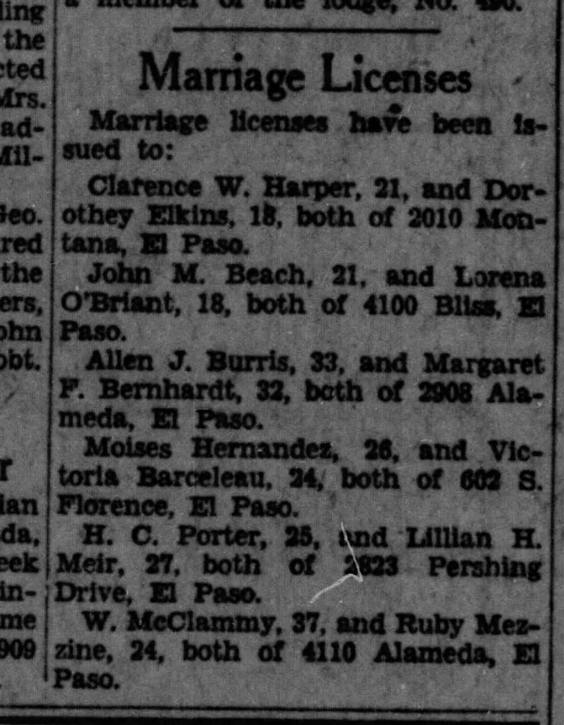 Moises Hernandez and Victoria Barceleau Marriage Licence EP Evening Post 17 Dec 1930