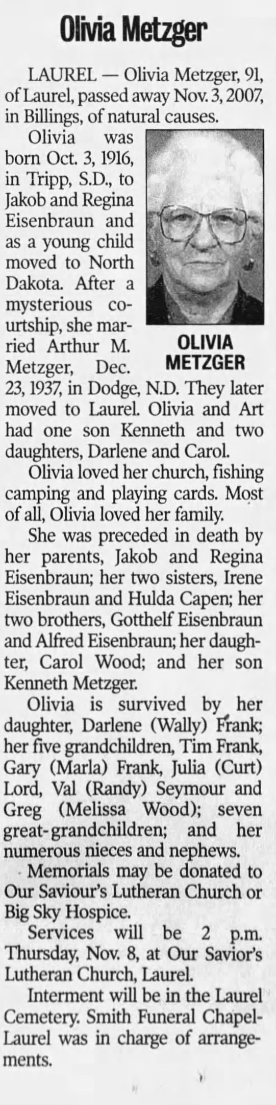 Obituary for Olivia Metzger, 1916-2007 (Aged 91)
