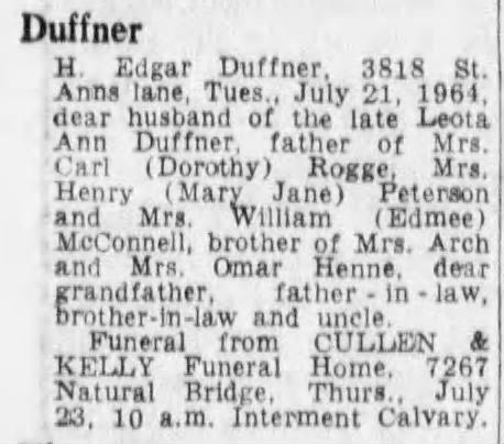 Obituary - Henry Edgar Duffner St Louis Post Dispatch Wednesday 22 July 1964