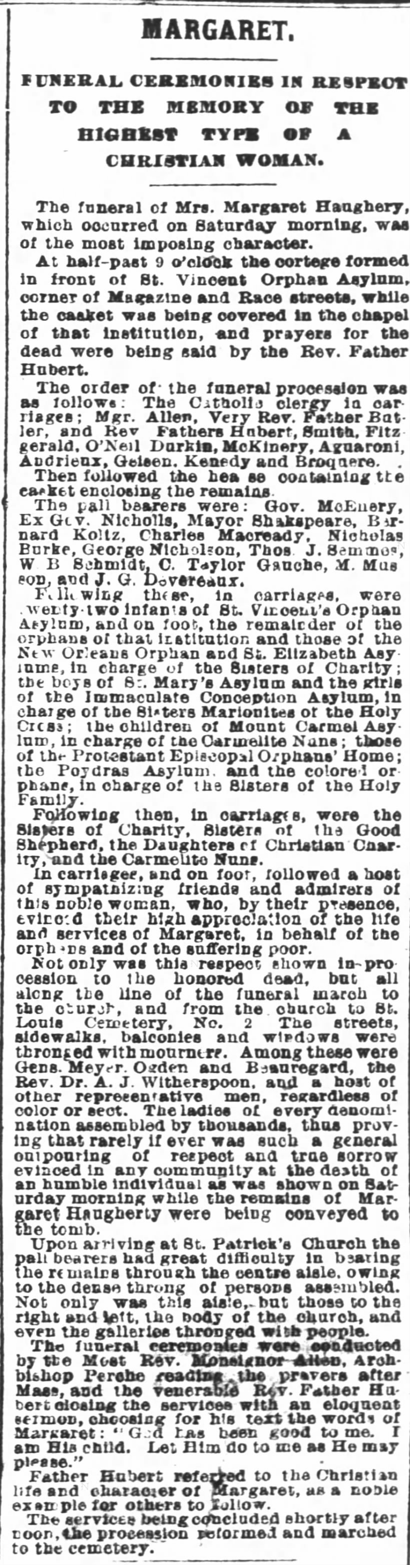 Margaret Funeral
Feb. 11, 1882 TP, p. 1