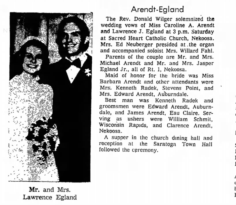 Caroline arendt and Lawerence Egland Wedding