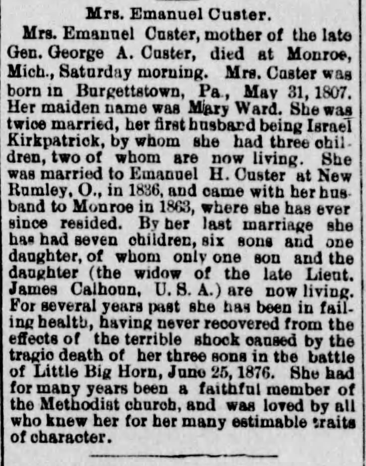 Maria Ward Kirkpatrick Custer, mother of "Gen" George Armstrong Custer, obituary