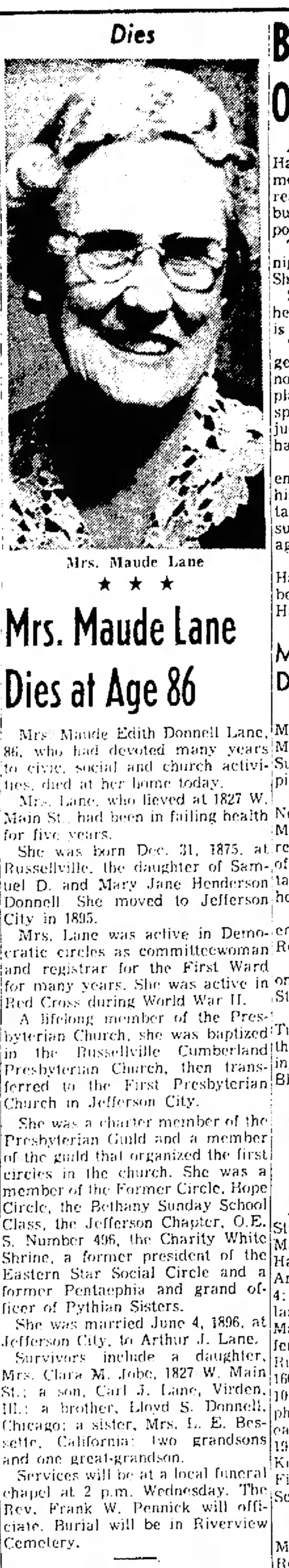 Martha Edith Donnell Lane obituary