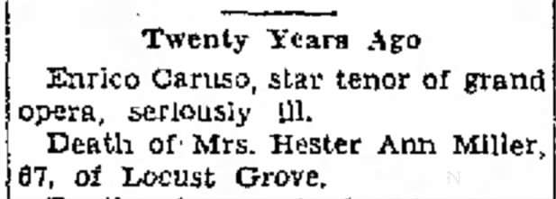 Cumberland Evening Times; 17 Feb 1941; Hester Ann Miller; 20th Anniversary of death