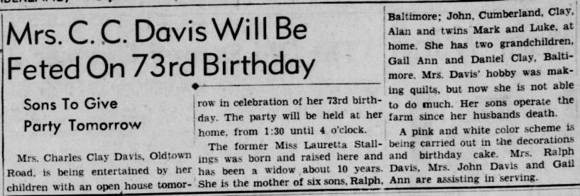 C News 30 Mar 1951; Lauretta Stallings Davis 73rd bday