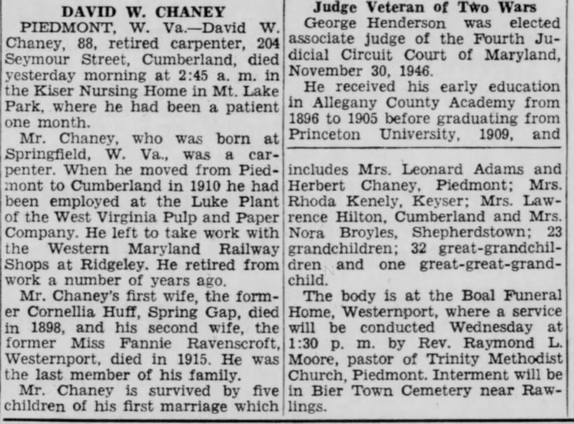 C Evening News 17 May 1948; Obituary David W Chaney