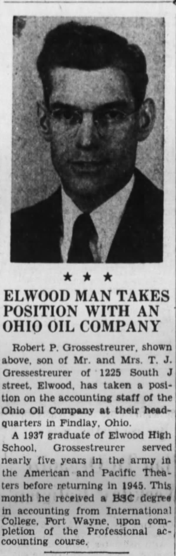 Robert P Grossestreuer takes a postion with the Ohio Oil Company, Findlay, Ohio