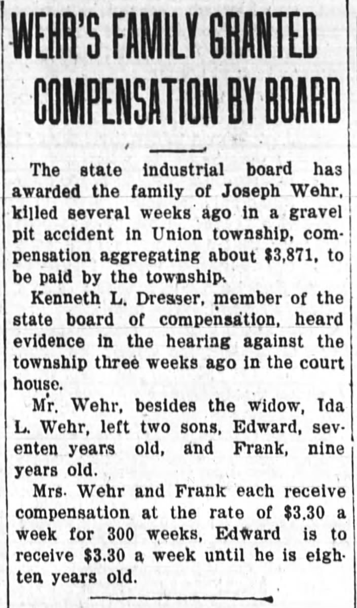 Joseph Wehr family compensation for accident, the Huntington Herald, November 15, 1921
