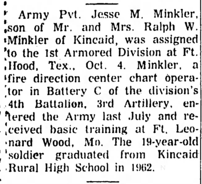 Jesse M Minkler - Army Assignment - 4 Oct 1963