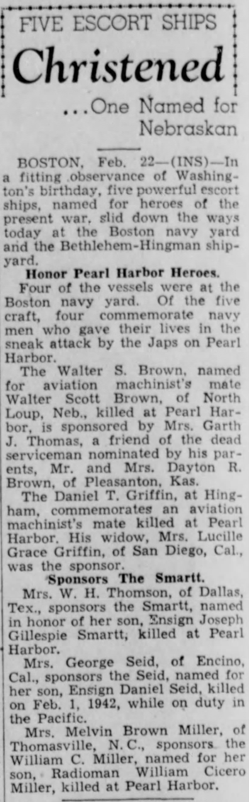 Walter Scott Brown - Ship Christening, 22 Feb 1943