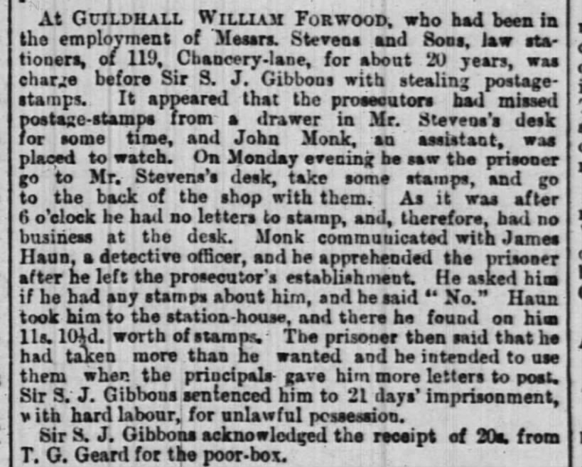William Forwood, arrest for theft. 5 Feb 1873