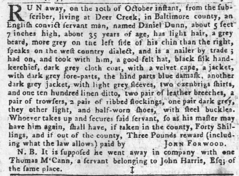 John Forwood [brother to Samuel Forwood] 18 Oct 1770, runaway slave Daniel Dunn