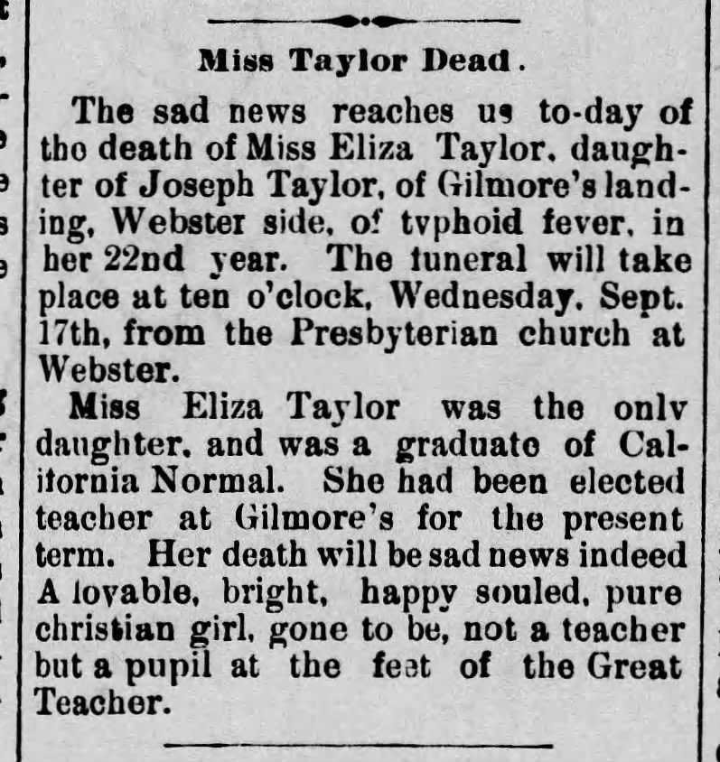 Miss Eliza Taylor death daughter of Joseph Taylor 16, Sept 1890