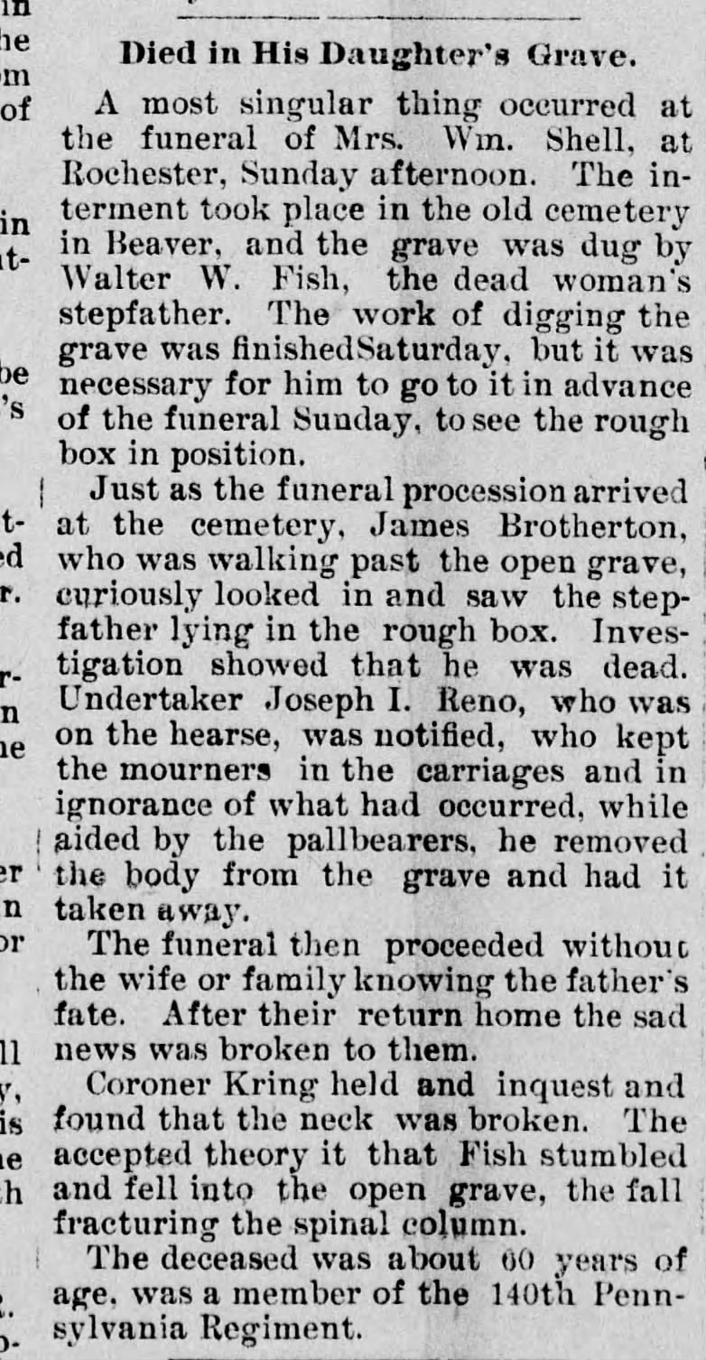Walter W Fish dies at grave of daughter 27 Nov 1893