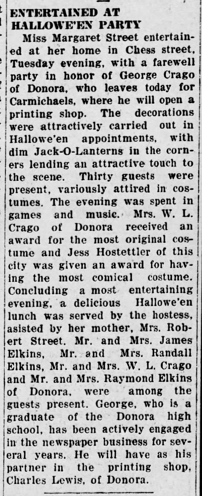Margaret Street entertained party for George Crago, 2 Nov 1928
