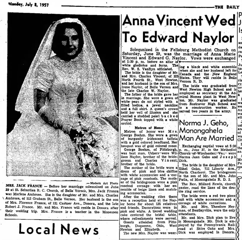 Edward G & Ann Vincent Naylor Wedding July 8, 1957