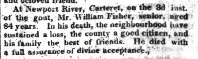 William Fisher Sr. died Sept. 3, 1822 of the gout