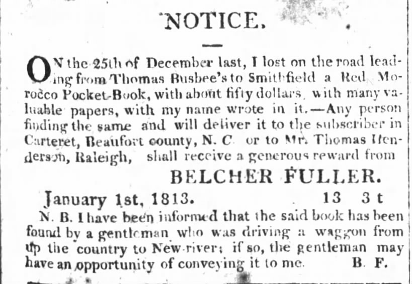 Belcher Fuller lost pocket-book