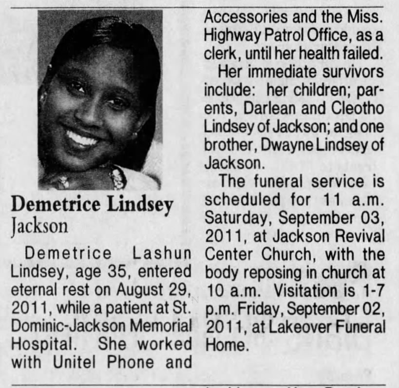 2011 9 1 C-L Thu p18, Demetrice Lindsey obituary