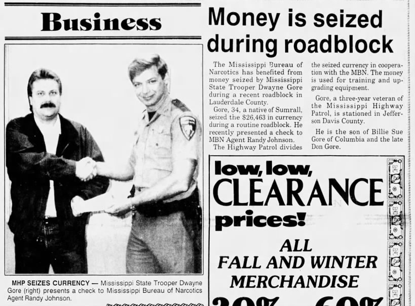 1990 12 29 Columbian-Progress Sat p7, Money siezed during roadblock, Gore