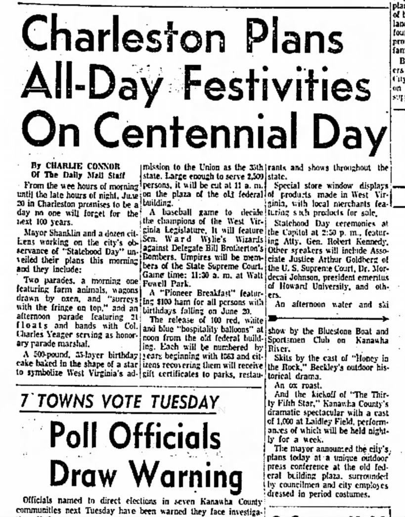 Charleston Plans All-Day Festivities On Centennial Day: 29 May 1963, The Charleston Daily Mail, Page