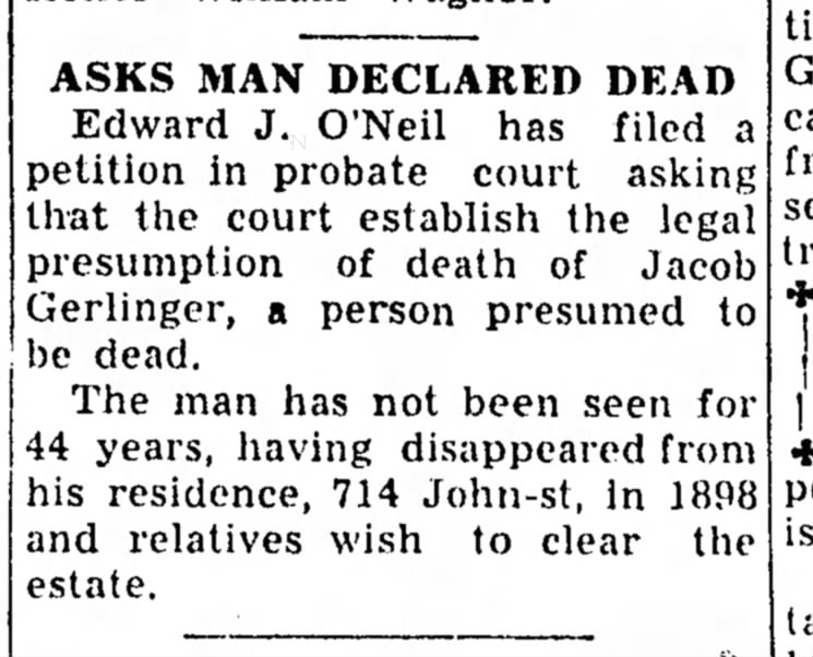 Asks Man Declared Dead
Edward J. O'Neil has filed a petition in probate court asking that the court 