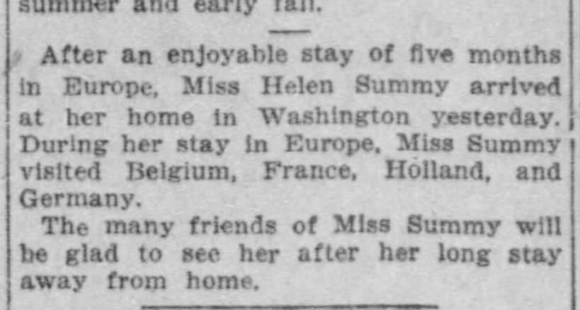 The Washington Herald, 20 June 1910, Page 5: After an enjoyable stay of five months in Europe, Miss 