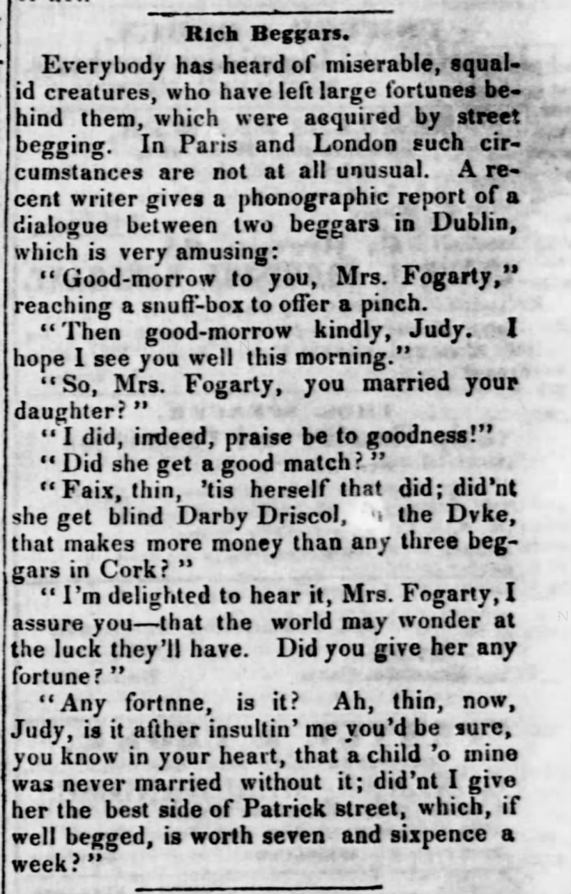 Polynesian (Honolulu, Hawaii), 26 February 1853, Saturday, Page 1: Rich Beggars. -- Mrs. Fogarty