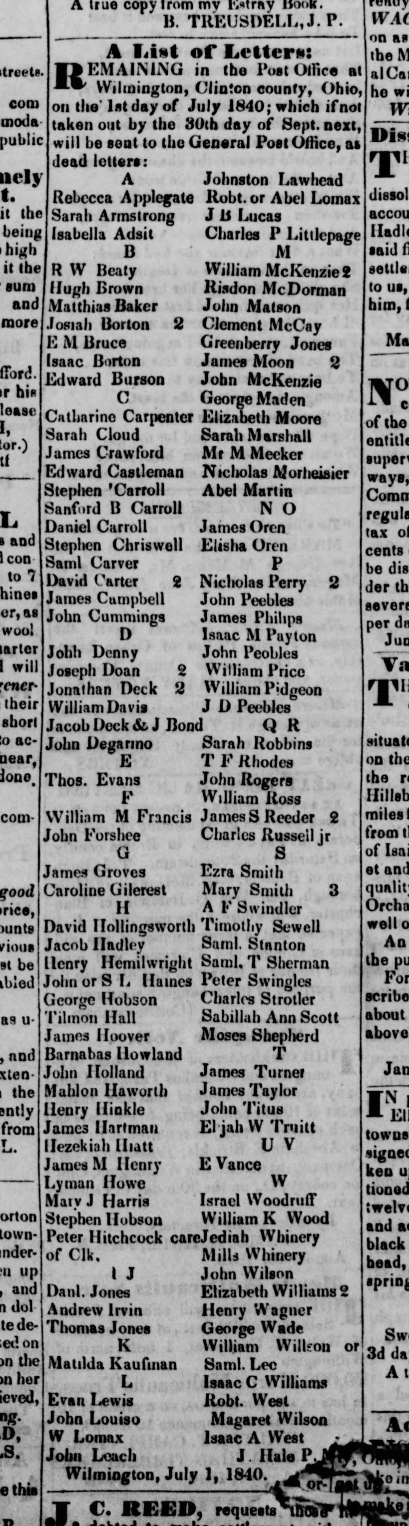 Democrat and Herald (Wilmington, Ohio, 28 August 1849, Page 4: List of letters at post office at Wil