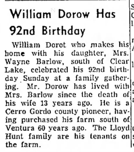William Dorot/Dorow Has 92nd Birthday