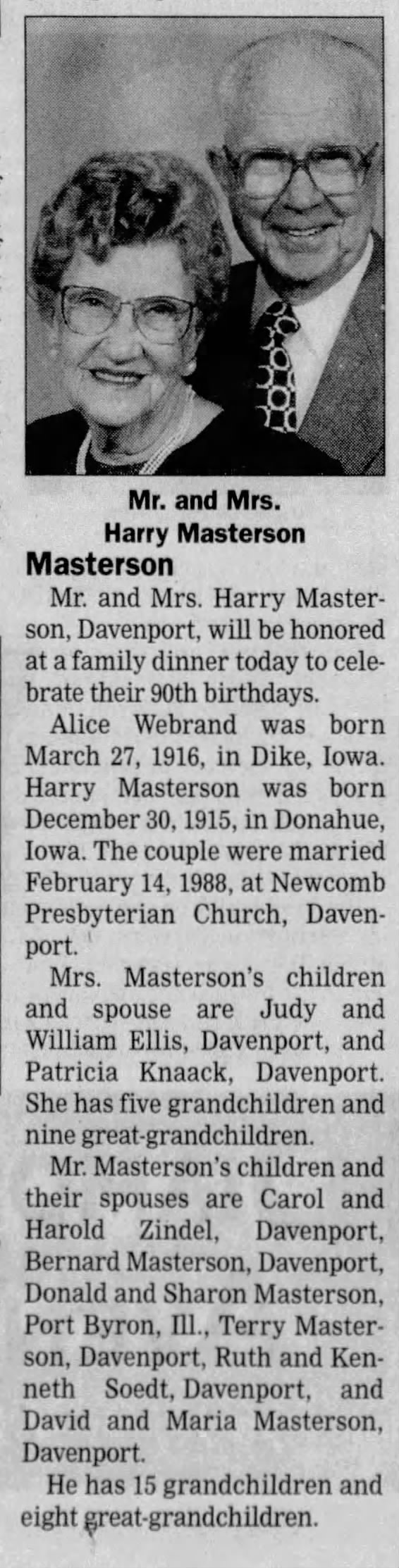 Harry Masterson - Alice Webrand 90th birthday celebration, 19 Feb 2006, Quad City Times, page 88