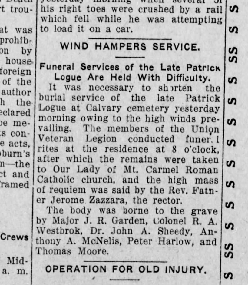 Winds Hampers Patrick Logue's funeral services 1916